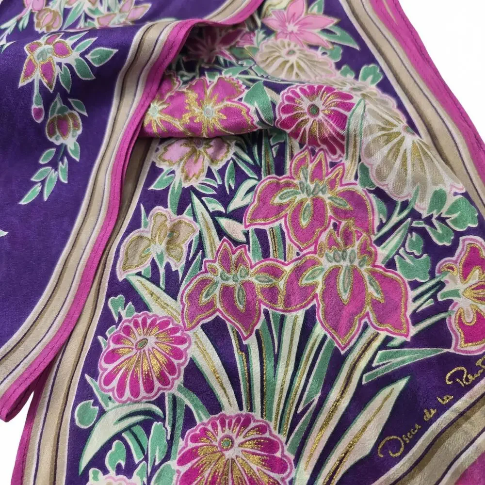 Vintage Floral with Metallic printing Silk Scarf‎ by Osca de la Renta